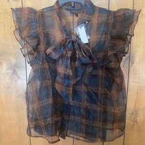 Current Air Sheer Plaid Bow-Neck Ruffle Sleeve Blouse - Brown/Black